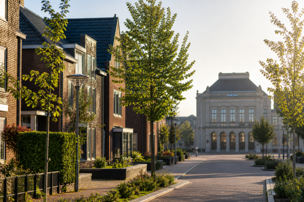 Rustige woonwijk met gerechtelijk gebouw op de achtergrond